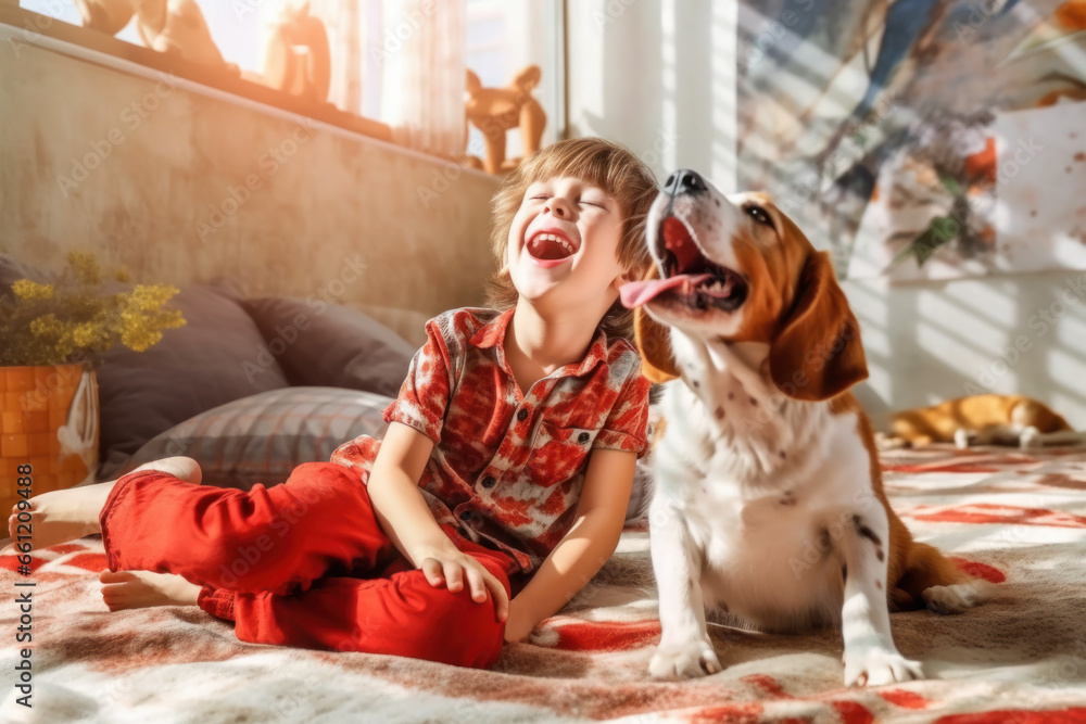 Happy child plays with dog on floor at home, kid and pet having fun