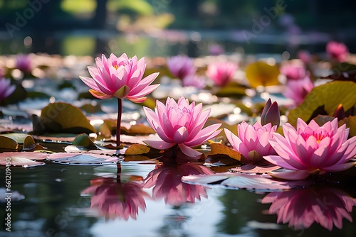 Fényképezés Nympheas pink water lilies