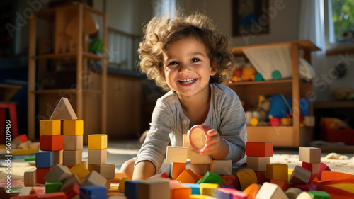 Happy child plays with colored toy blocks, preschool kid on playground photo