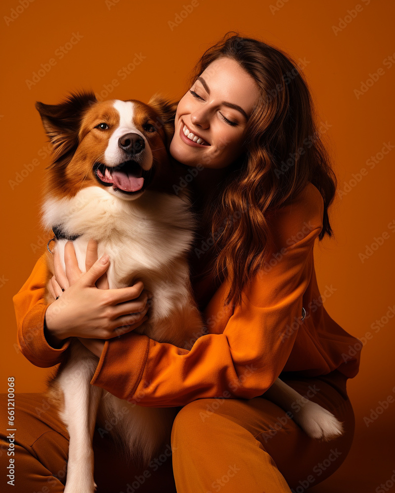 A white woman with your dog petting your dog on tan background A white woman with your dog petting your dog on tan background