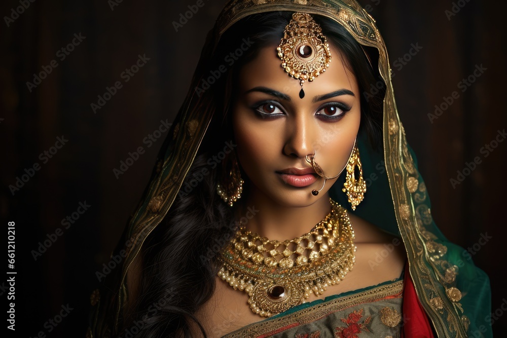 Portrait of a young hindu woman in traditional jewelry and bright indian saree celebrating diwali, festival of lights