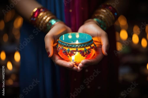 Woman hands holding lit diya lamp for diwali festival celebration