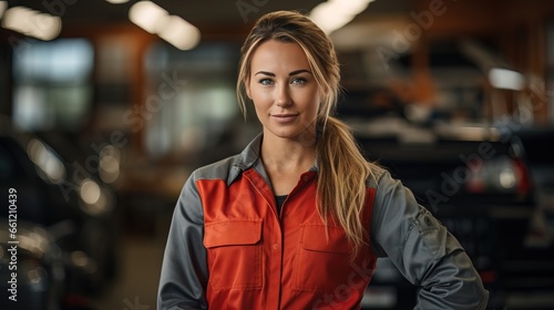 Young professional mechanic woman representing expertise and friendliness in an auto repair shop.