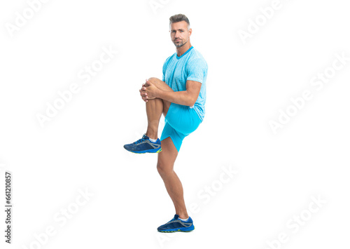 stretching routine of fit athlete isolated on white. athlete stretching his muscles before game. athlete stretching to improve flexibility. athlete stretching his muscles and preparing for workout © be free