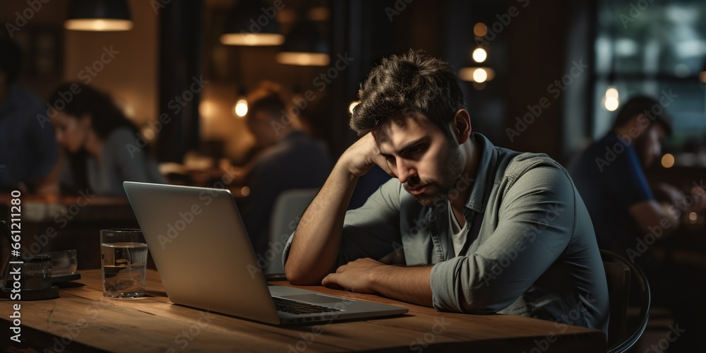Young entrepreneur with dark circles under his eyes, slumped over his laptop in a dimly lit co-working space , concept of Burnout Young entrepreneur with dark circles under his eyes, slumped over his laptop in a dimly lit co-working space , concept of Burnout