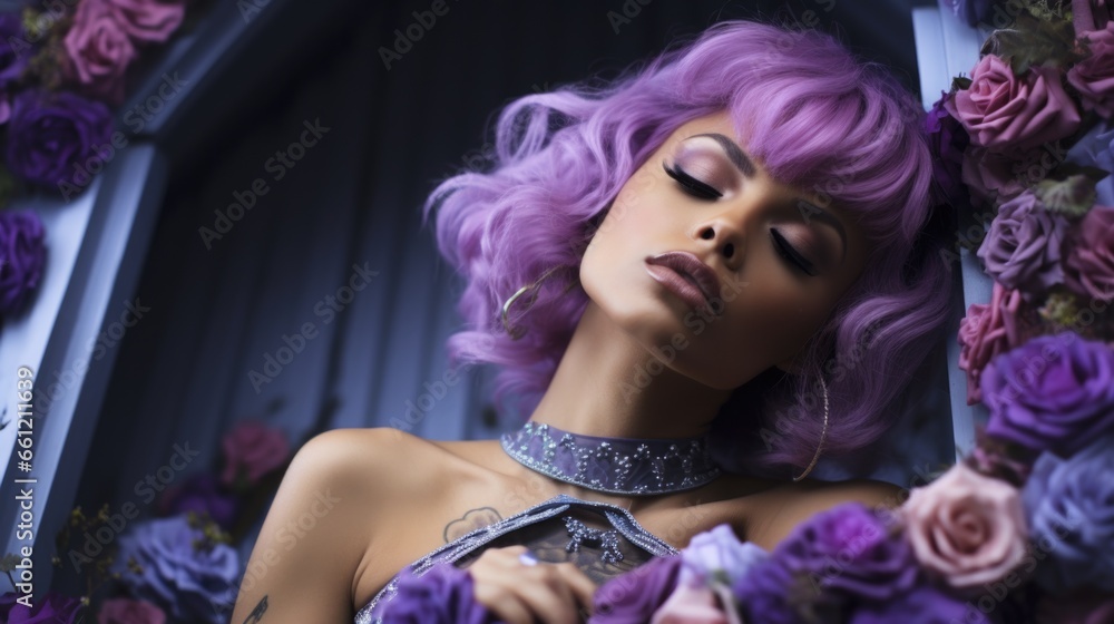 A woman with purple hair wearing a choker A woman with purple hair wearing a choker