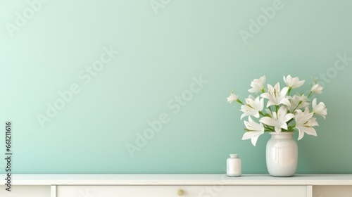 A vase with white flowers sitting on a dresser