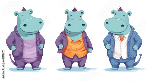 Three cartoon hippos dressed in suits and ties