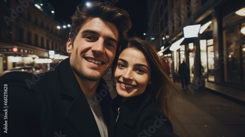A man and woman taking a selfie on a city street