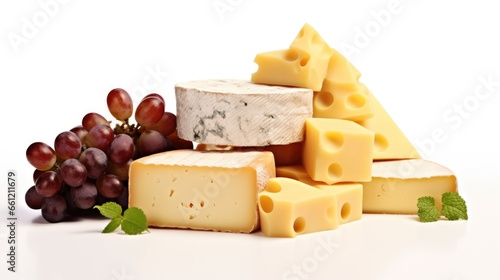 A pile of cheese and grapes on a white surface