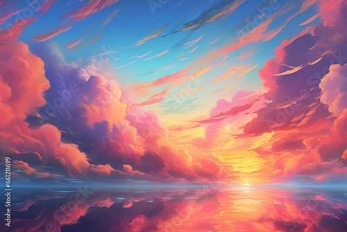 Scenic sky with vibrant pastel clouds, serene and idealistic ambience. Generative AI
