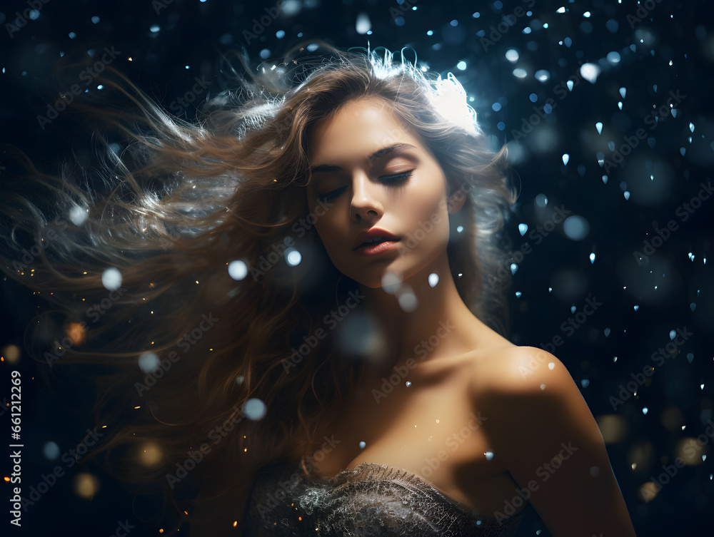 Fashion girl amidst glimmering stardust constellation backdrop