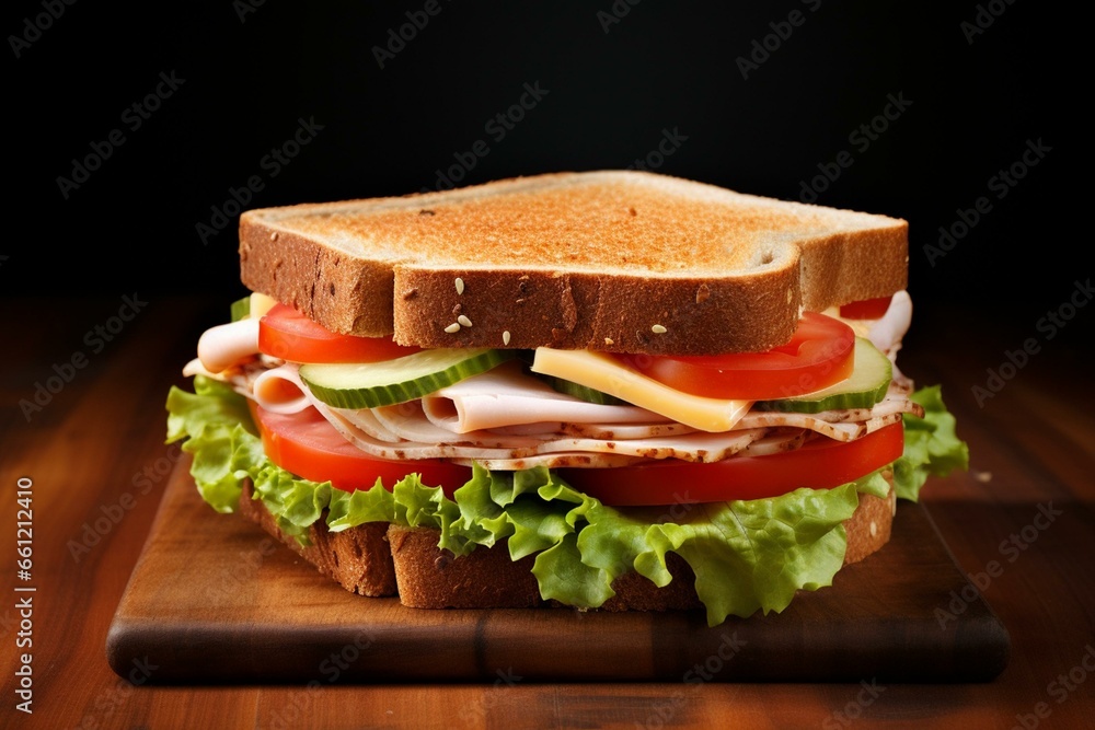 A sandwich with turkey, lettuce, tomato, and cheese. Generative AI