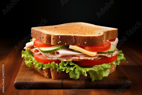A sandwich with turkey, lettuce, tomato, and cheese. Generative AI