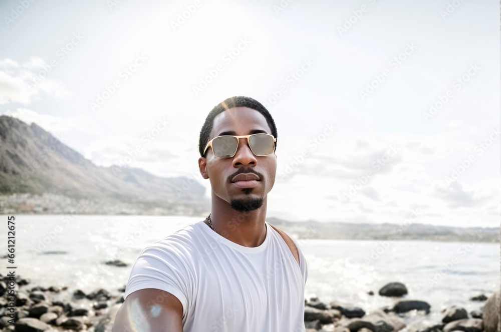 Selfies of an African American man taking selfies against a backdrop of water and mountains