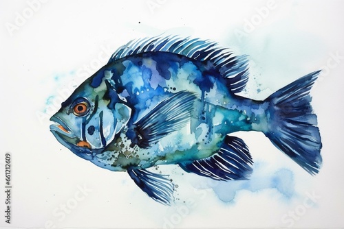 Watercolor painting of a fish in blue hues. Generative AI