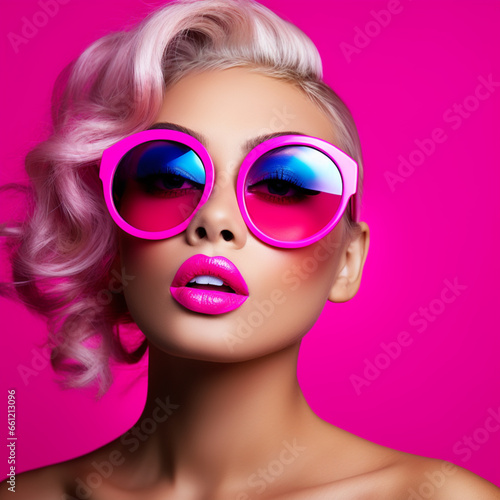 Beautiful girl in pink sunglasses