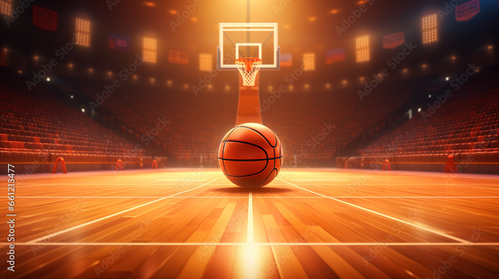 Background of basketball theme with ball and gymnasium - obrazy, fototapety, plakaty 