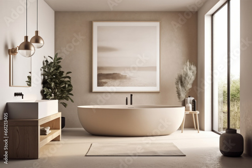 Upgrade your self-care routine with this stunning bathroom complete with a stylish sink and inviting soaking tub. AI Generative.