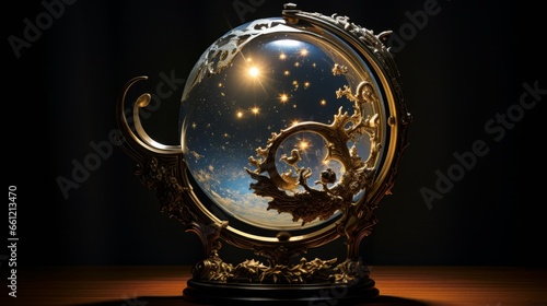 Crescent moon , shiny metal and glass sphere, rococo