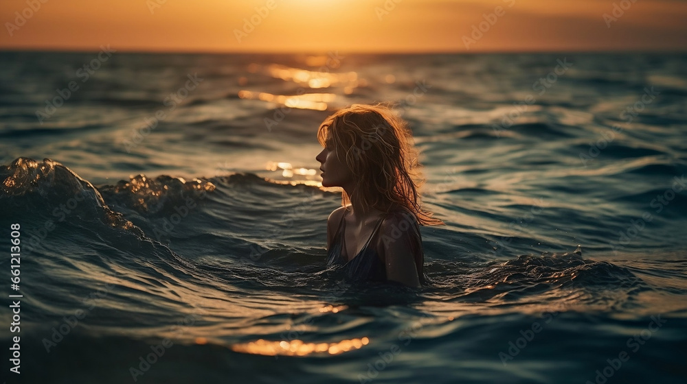 Fototapeta premium woman on the beach at sunset