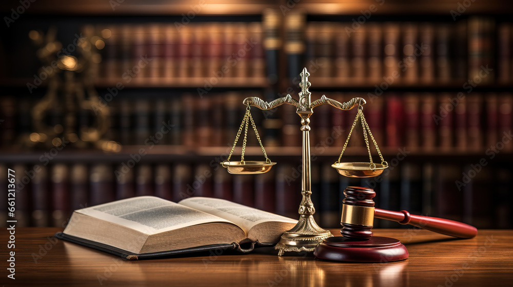 Law books, gavel and scales symbolizing justice on a table.