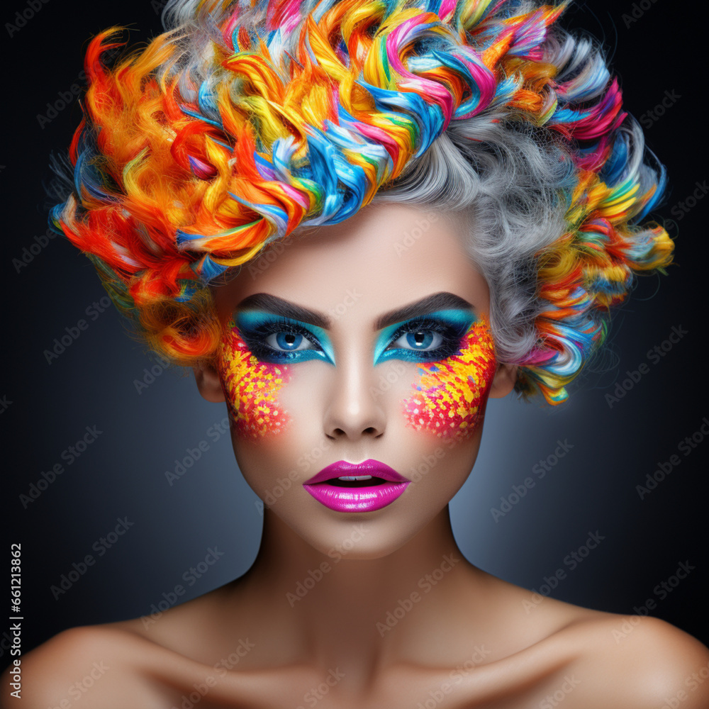 Fashion model with bright makeup and creative hair
