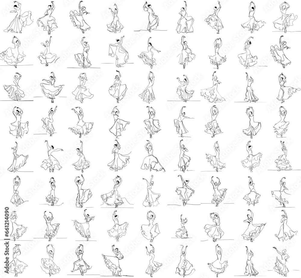 Set of one-line drawing of flamenco dancers, simple and minimalist, editable vector
 - obrazy, fototapety, plakaty 