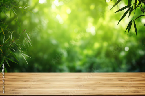 wooden table and green bamboo leaves in the background. place for text. layout for your advertisement