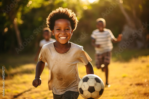 Little african american boy is playing football with happy friends in suburb © sommersby