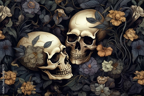 a pattern of skulls and flowers Generative AI