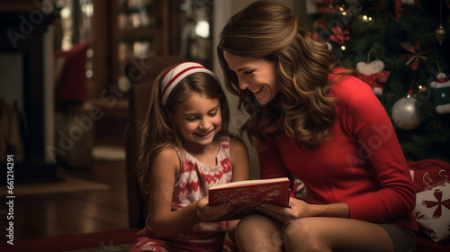 Mom and daughter, girl, writing letter request to Santa Claus, Christmas, family.