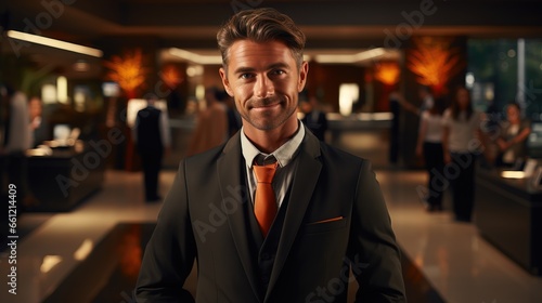 Cheerful male receptionist greets guests with his smile in the hotel lobby. © OKAN