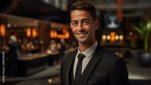 Cheerful male receptionist greets guests with his smile in the hotel lobby.