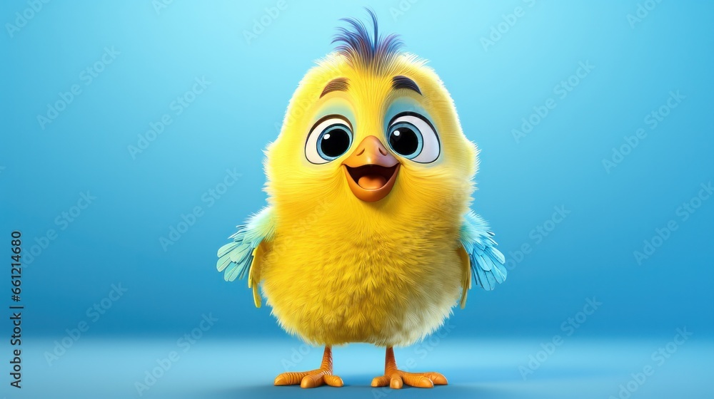 Realistic 3d render of a happy, furry and cute yellow and blue bird smiling with big eyes Realistic 3d render of a happy, furry and cute yellow and blue bird smiling with big eyes