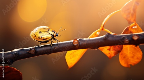 A close up of a branch of a tree and a golden bug on the top a leaf photo