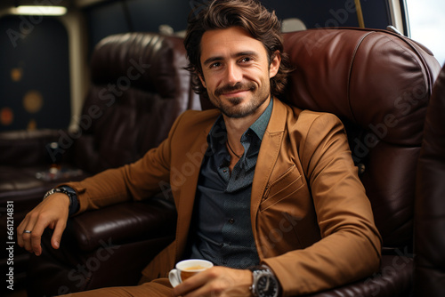 Successful a businessman sitting in an airplane while holding his coffee