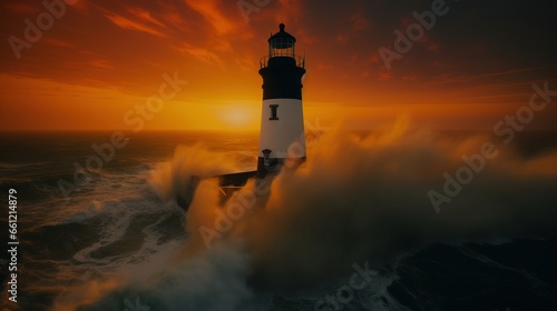 Coastal lighthouse on rugged cliffs at sunset.