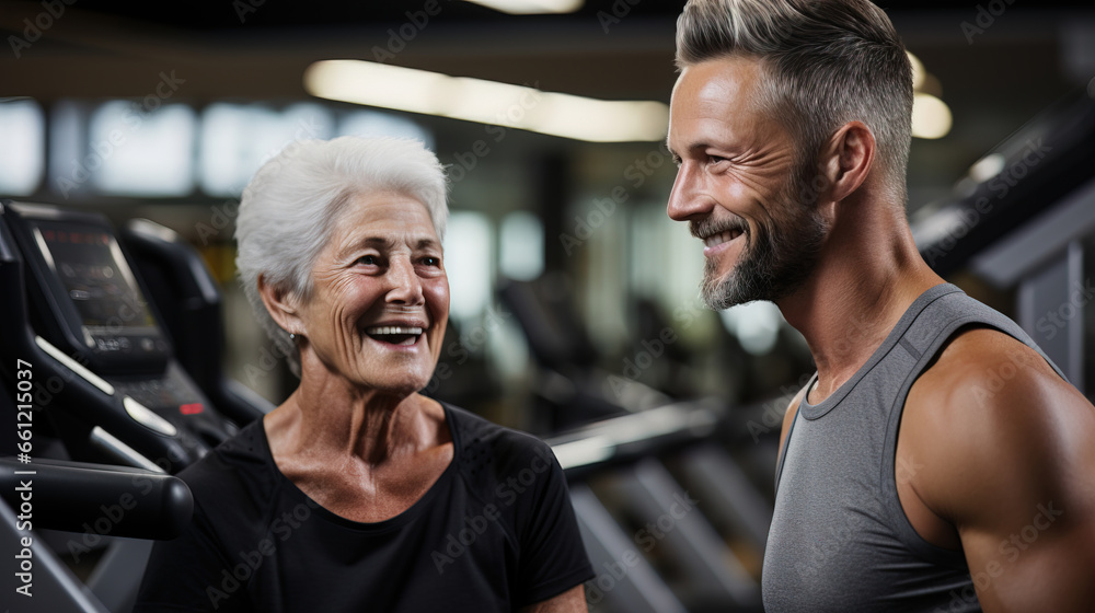 Content trainer assisting active elderly couple at the gym. Content trainer assisting active elderly couple at the gym.