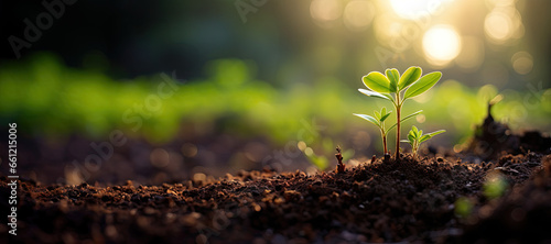 Young Green Plant Growing in Brown Soil with Morning Sunlight. Concept of Nature Rebirth, New Beginnings, Organic Agriculture, and Environmental Sustainability. photo
