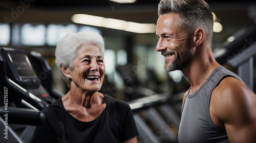 Content trainer assisting active elderly couple at the gym.