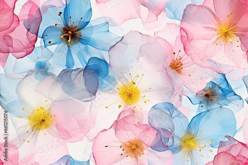Slika na platnu Translucent sakura flowers in pastel pink blue yellow and white seamless repeati