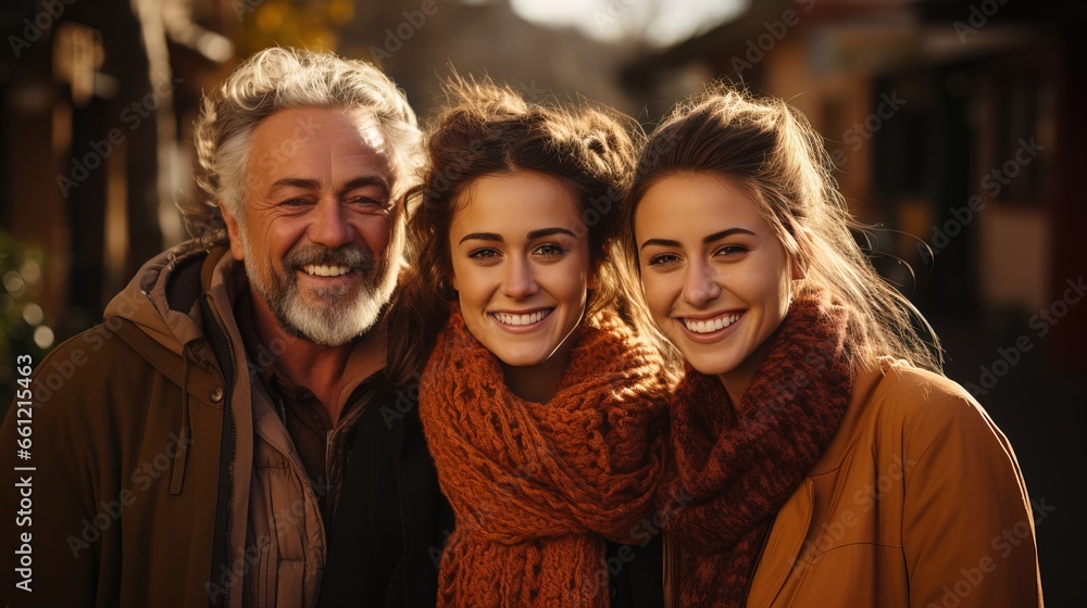 Three generations facing the camera, embracing warmly. Three generations facing the camera, embracing warmly.