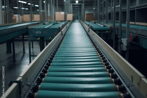 A high-speed conveyor belt moving packages in an automated warehouse, symbolizing logistics automation. Generative AI