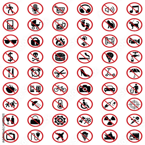 Forbidden icons. prohibiting red symbols no motorcycle animals guns sound phones parking car vector set. illustration forbidden big collection, prohibited and restrict