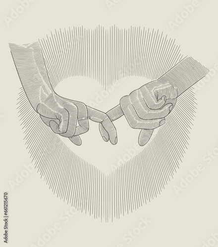 Couople holding forefinger and  heart rays, Hand drawing vintage vector illustration