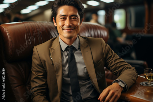 Successful a asian businessman sitting in an airplane while holding his coffee