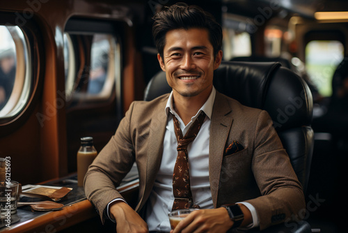 Successful a asian businessman sitting in an airplane while holding his coffee © Ricardo Costa