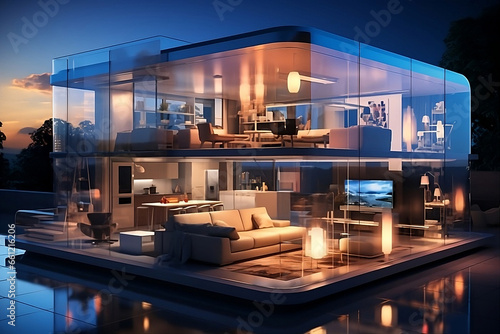 Visionary Smart Home of the Future. The image portrays a futuristic smart home environment where advanced technology seamlessly integrates with daily life, generative AI