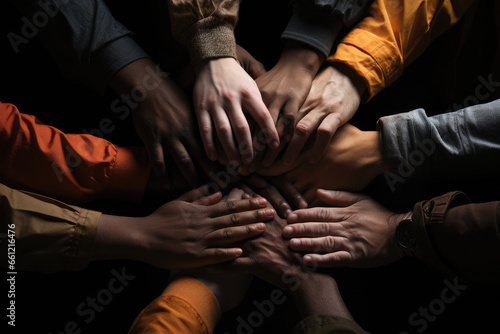Multi-ethnic group of hands coming together in solidarity against a dark background. Concept of unity, diversity, and cooperation.